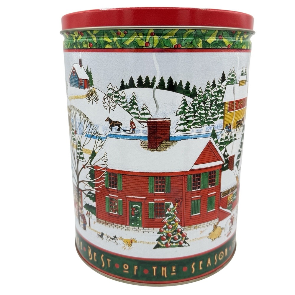 Vintage 1995 Trail's End Popcorn Tin Winter Village Scene New England Farmhouse